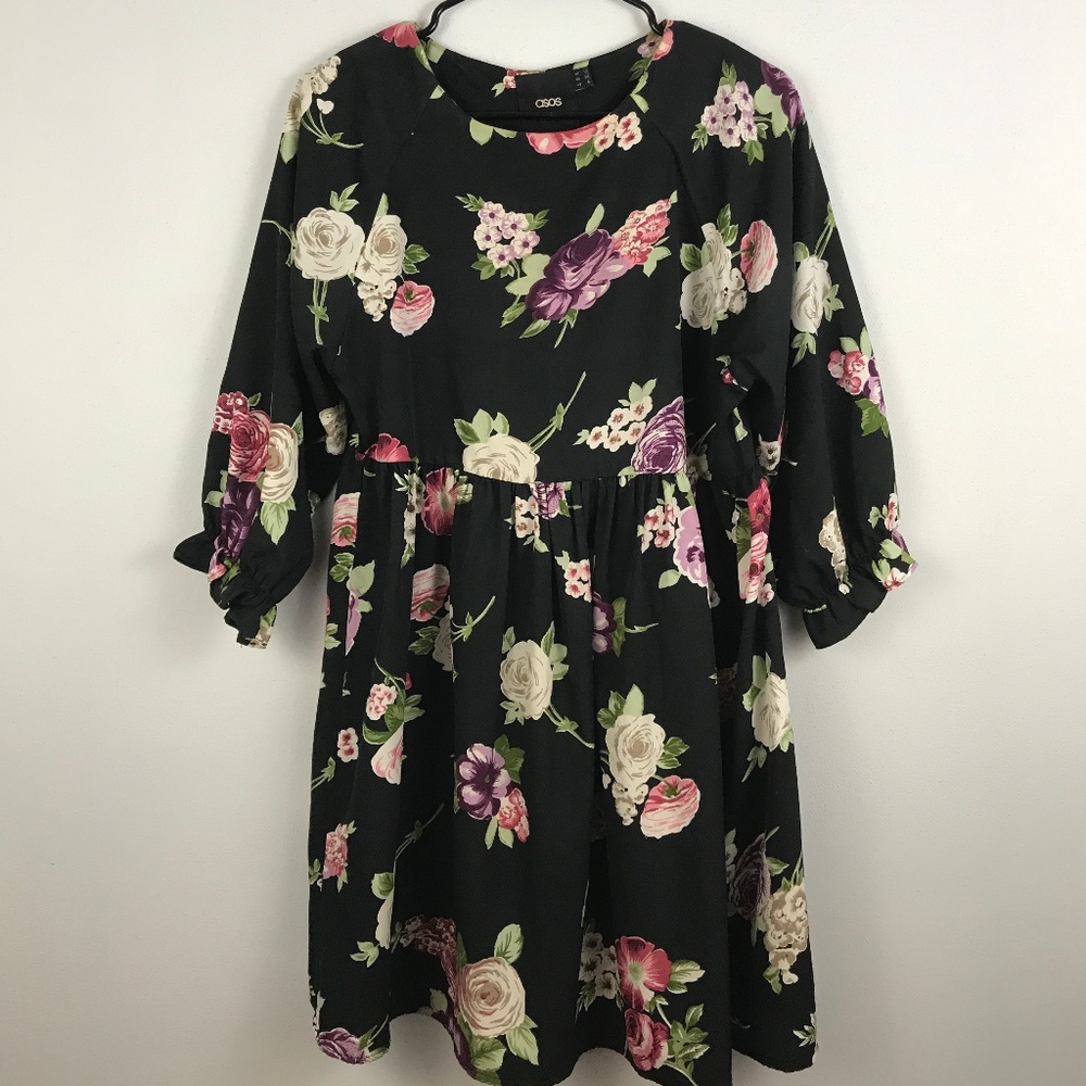 Asos 3/4 Sleeve Black Floral Babydoll Dress - US 6